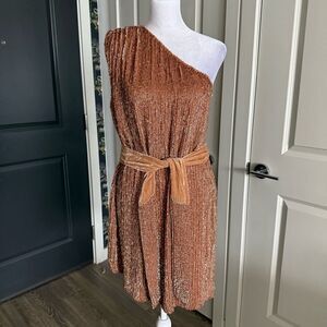 NWT Retrofete Ella One Shoulder Bronze Sequins Beaded Mini Party Dress Size M